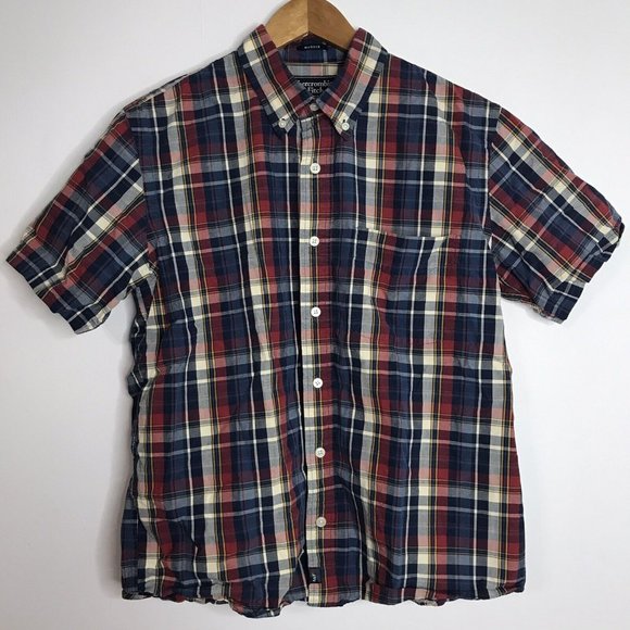 Abercrombie & Fitch Men's Medium Short Sleeve Plaid Blue Red Button Shirt - Picture 1 of 5